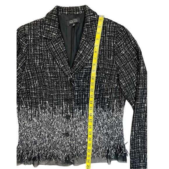 Rickie Freeman Teri Jon Tweed Black White Fringe wool blend Blazer Size 14 - Picture 15 of 16